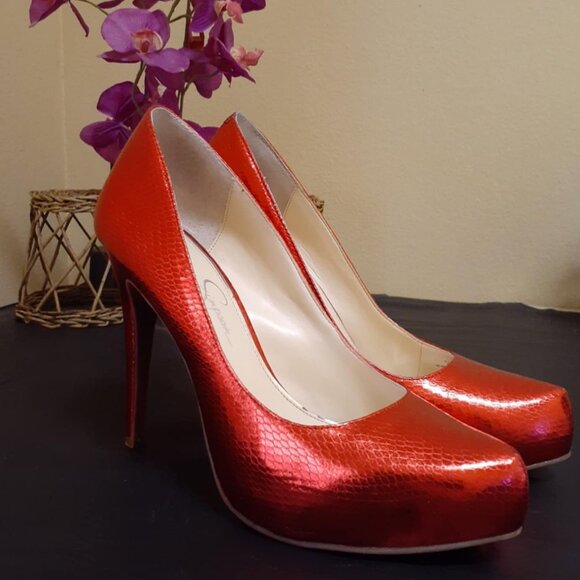 GLAM! Jessica Simpson Metallic Red Heels 10M Parisah - Barely Worn! - Picture 1 of 5